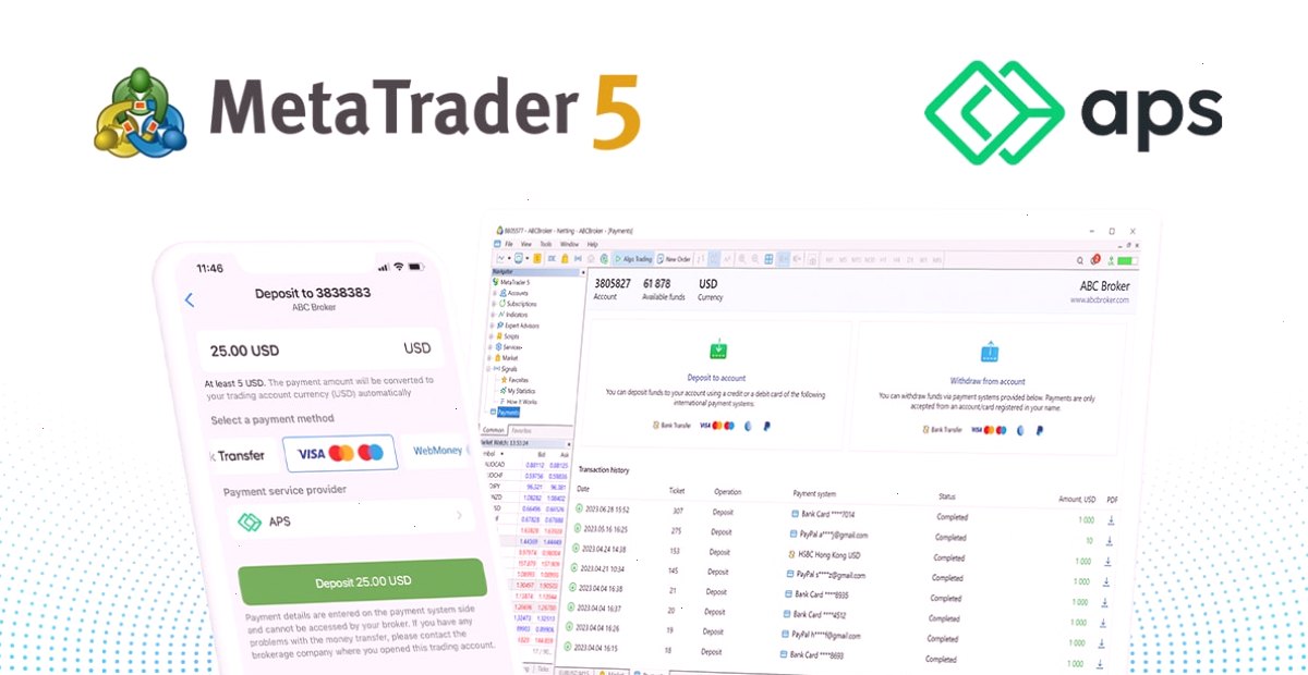 支付服务提供商APS加入MetaTrader 5的内置支付系统